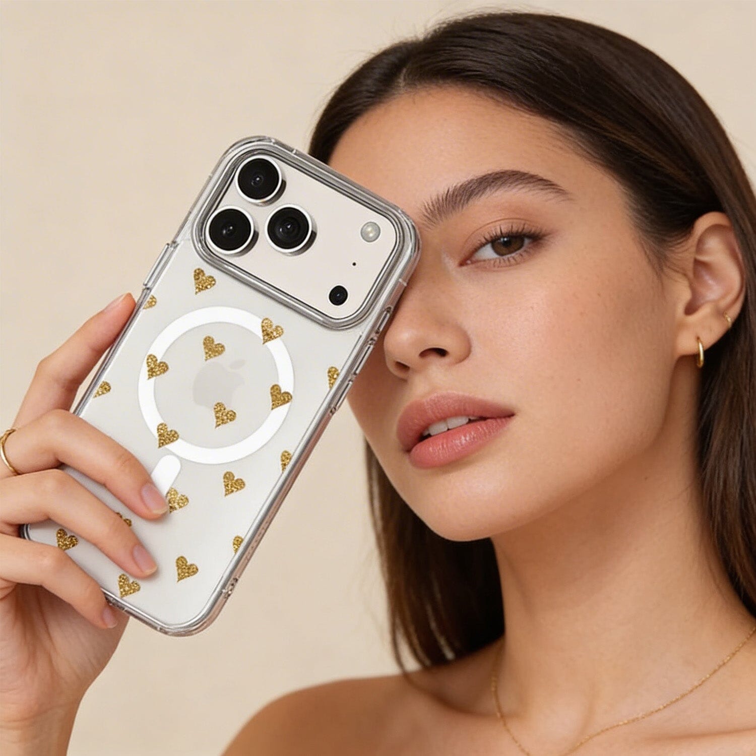 MagSafe iPhone 17 Pro Gold Hearts Clear Case