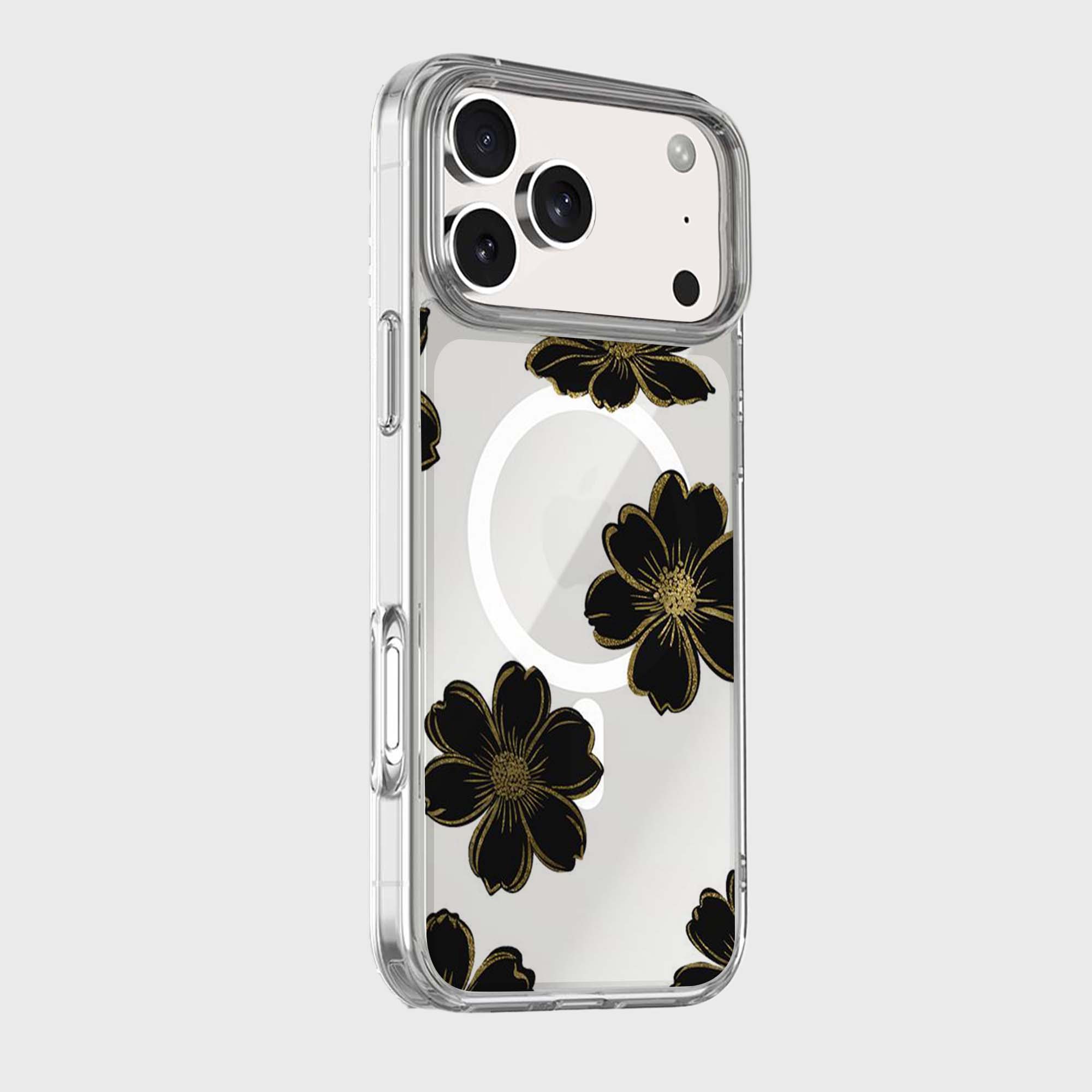 MagSafe iPhone 17 Pro Max Black Flower Clear Case
