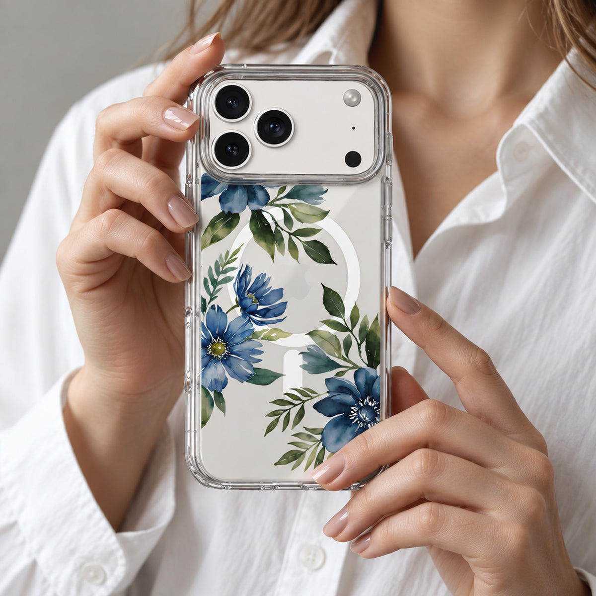 iPhone 18 Pro Max Blue Floral Clear Case with MagSafe