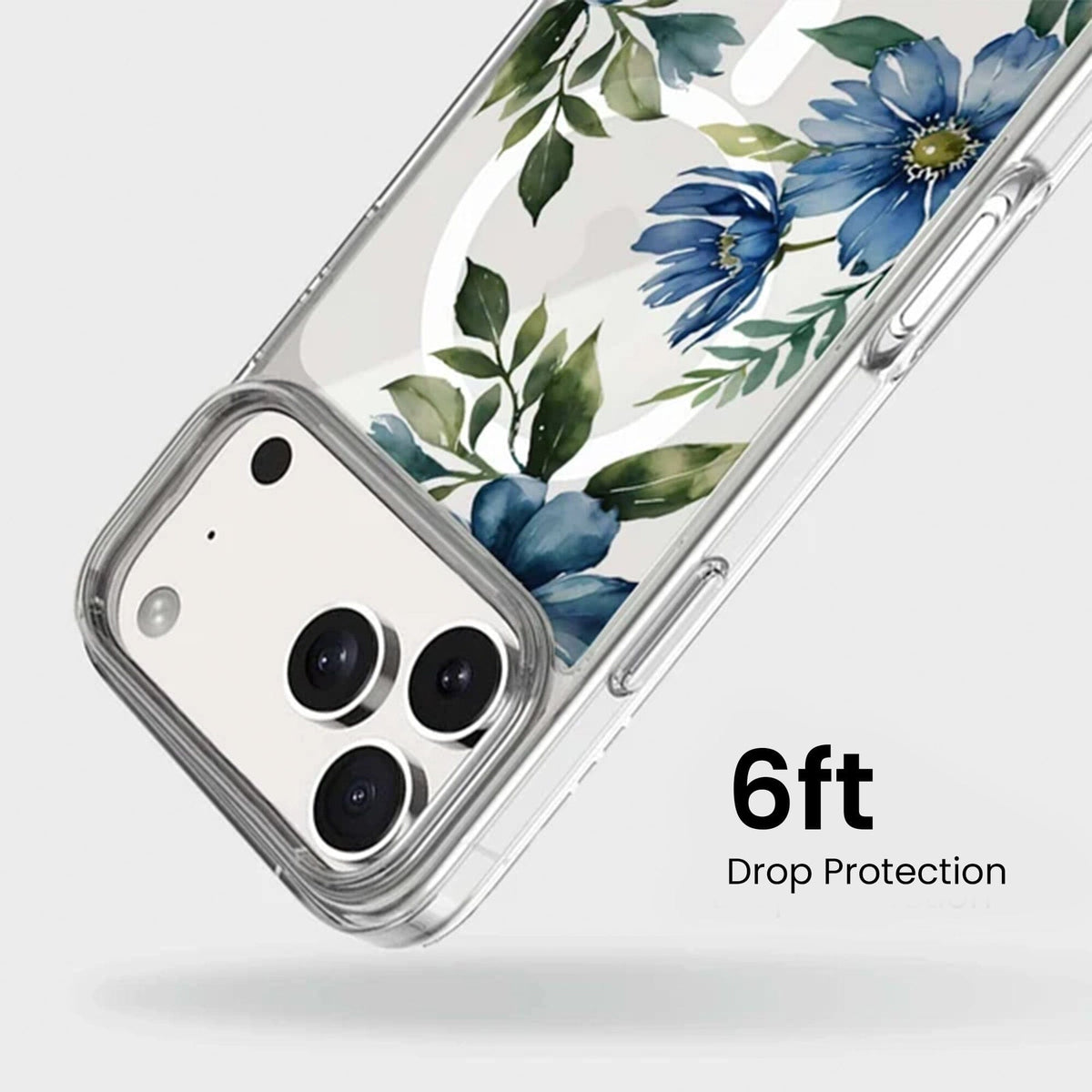 MagSafe iPhone 17 Pro Blue Floral Clear Case