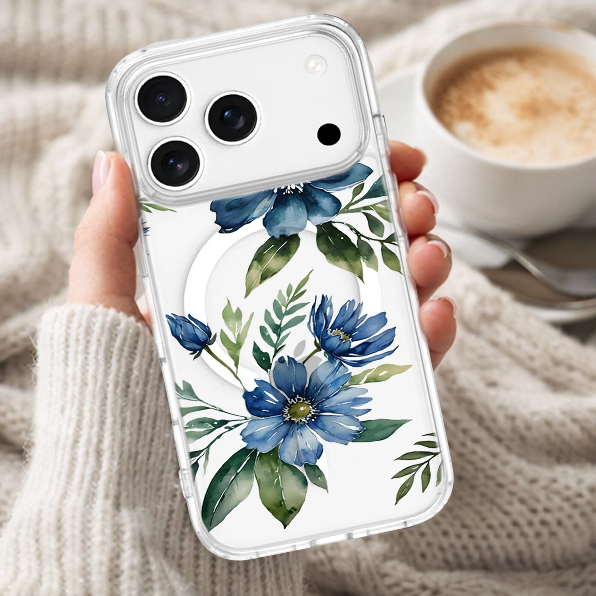 MagSafe iPhone 17 Pro Blue Floral Clear Case