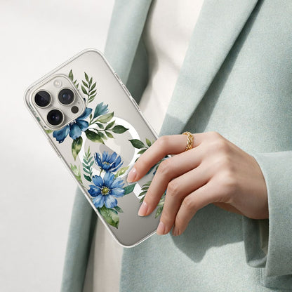MagSafe iPhone 16 Pro Blue Floral Clear Case