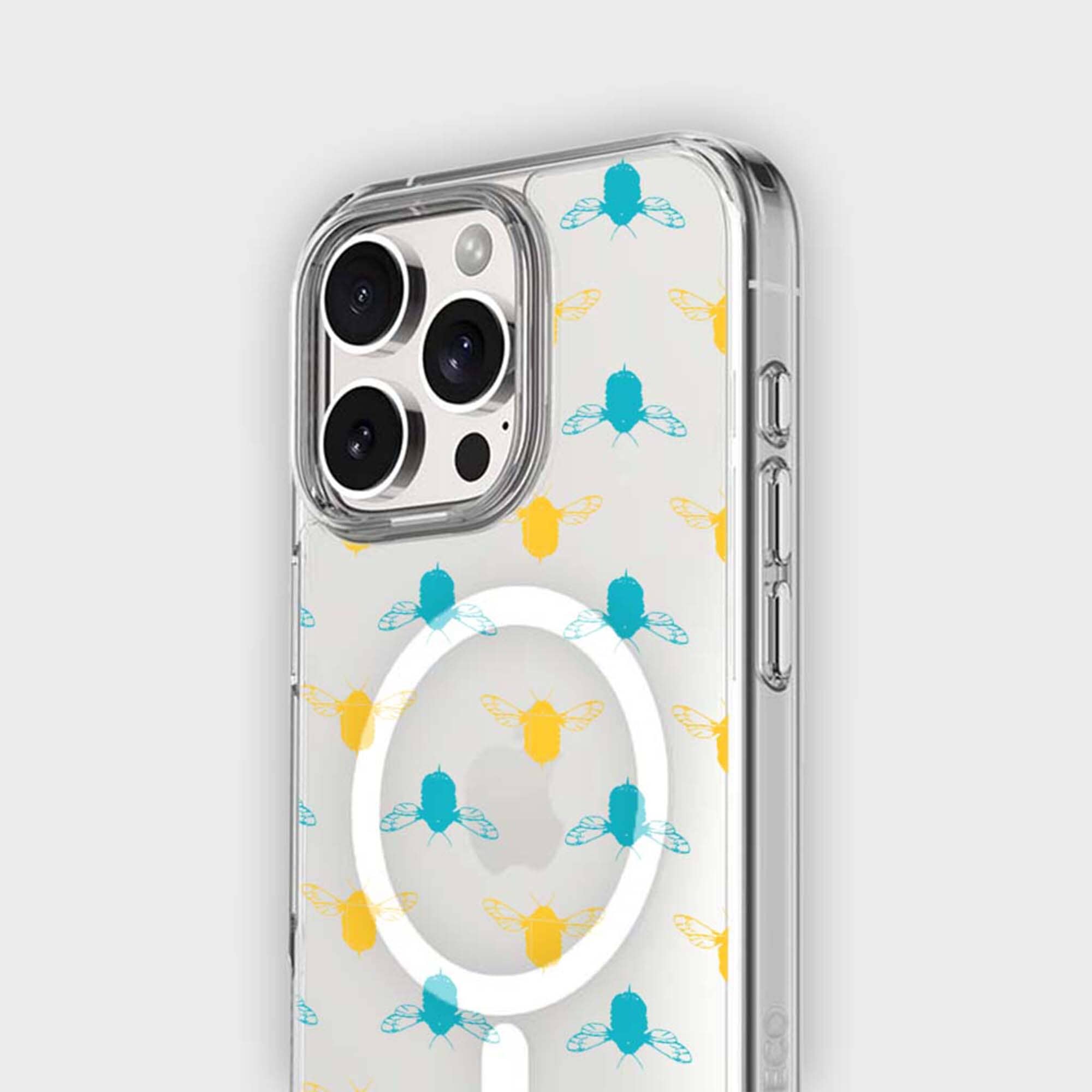 iPhone 15 Pro Max Clear Case - Blue and Yellow Bumble Design