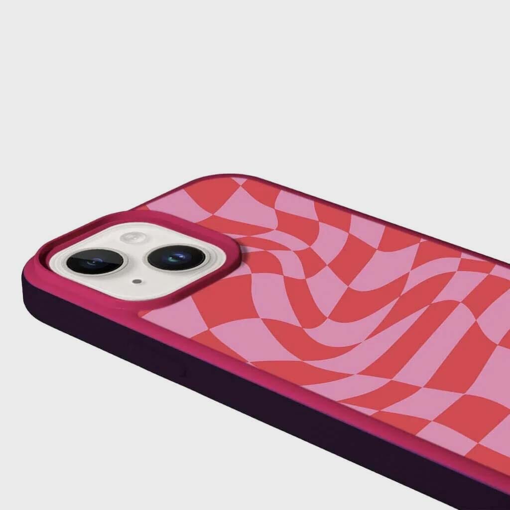 MagSafe iPhone 14 Pink Swirl Checkerboard Print Case