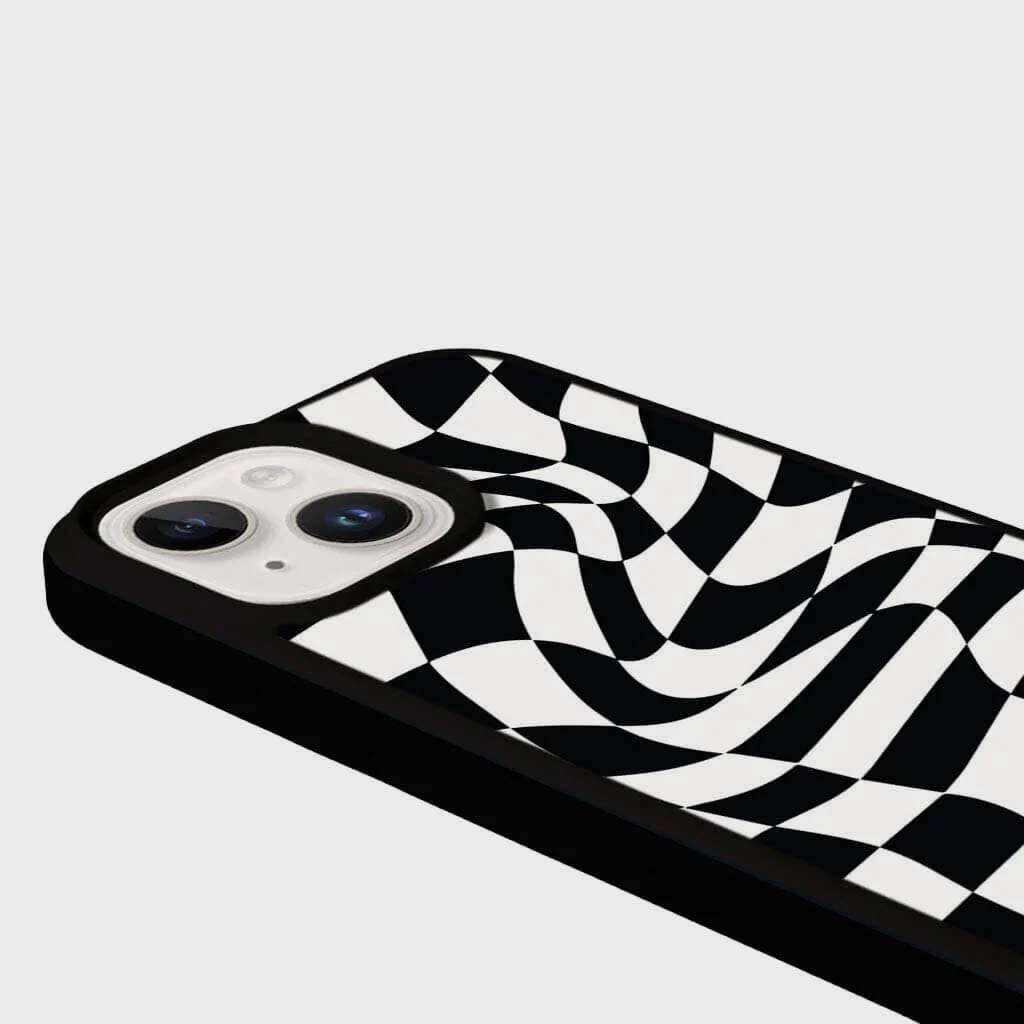 MagSafe iPhone 14 Black Swirl Checkerboard Print Case