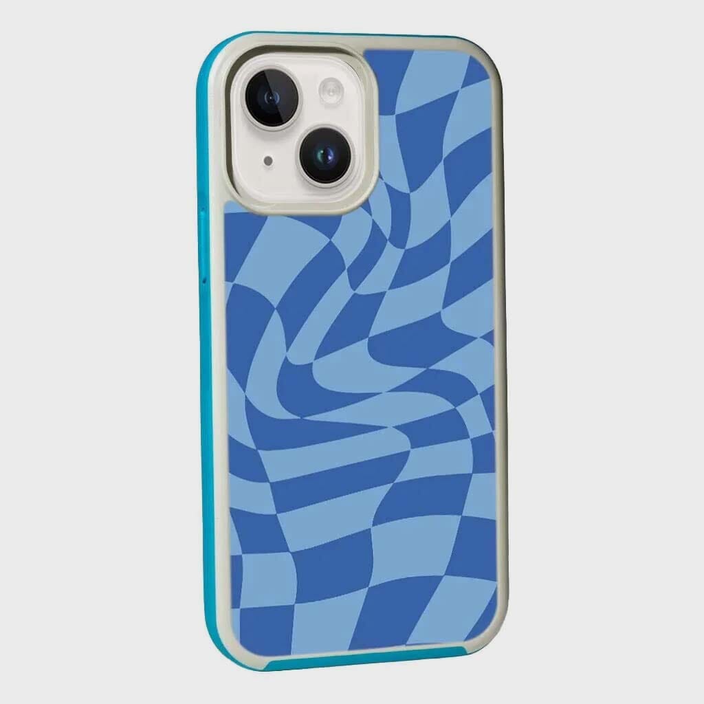 MagSafe iPhone 14 Blue Swirl Checkerboard Print Case