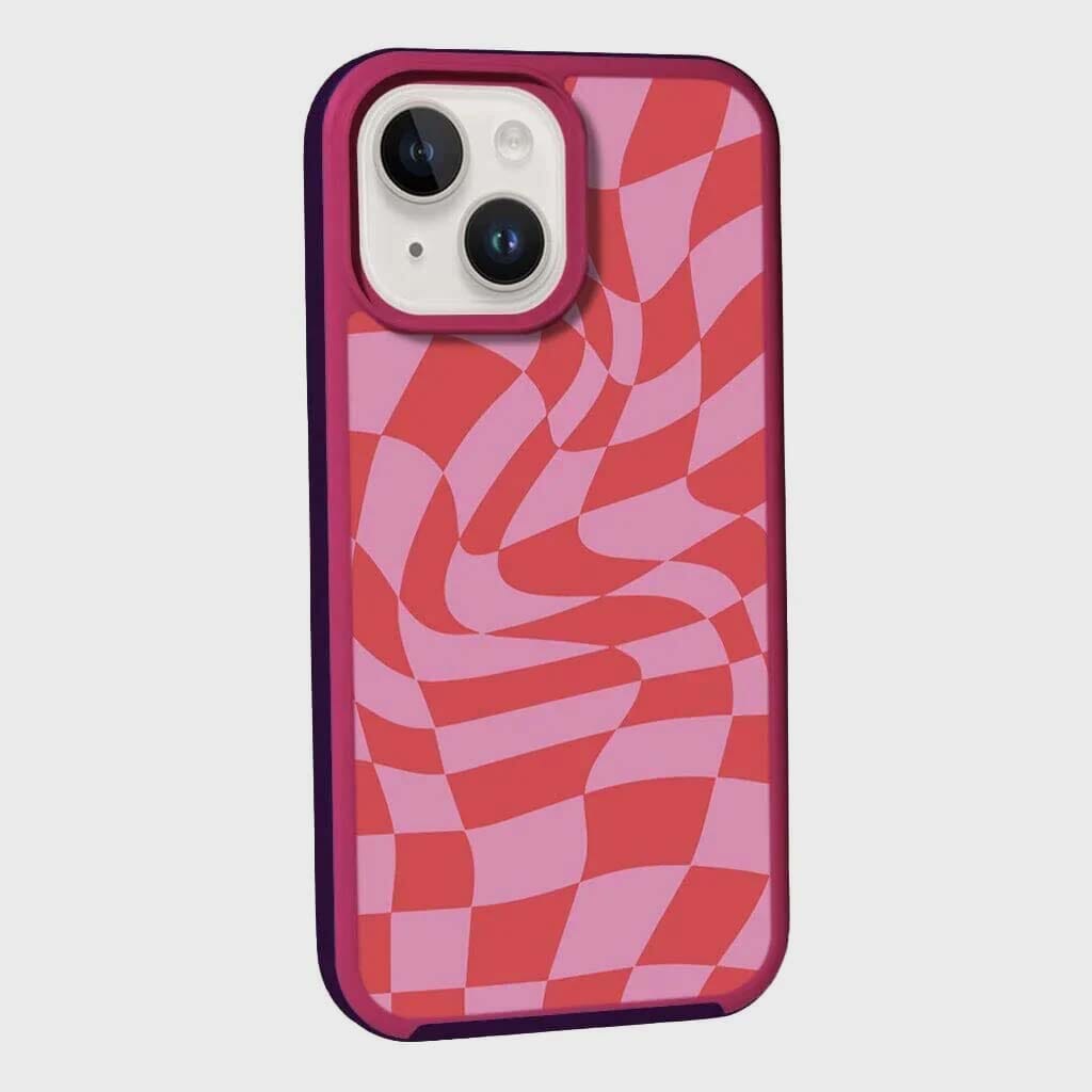 MagSafe iPhone 14 Pink Swirl Checkerboard Print Case