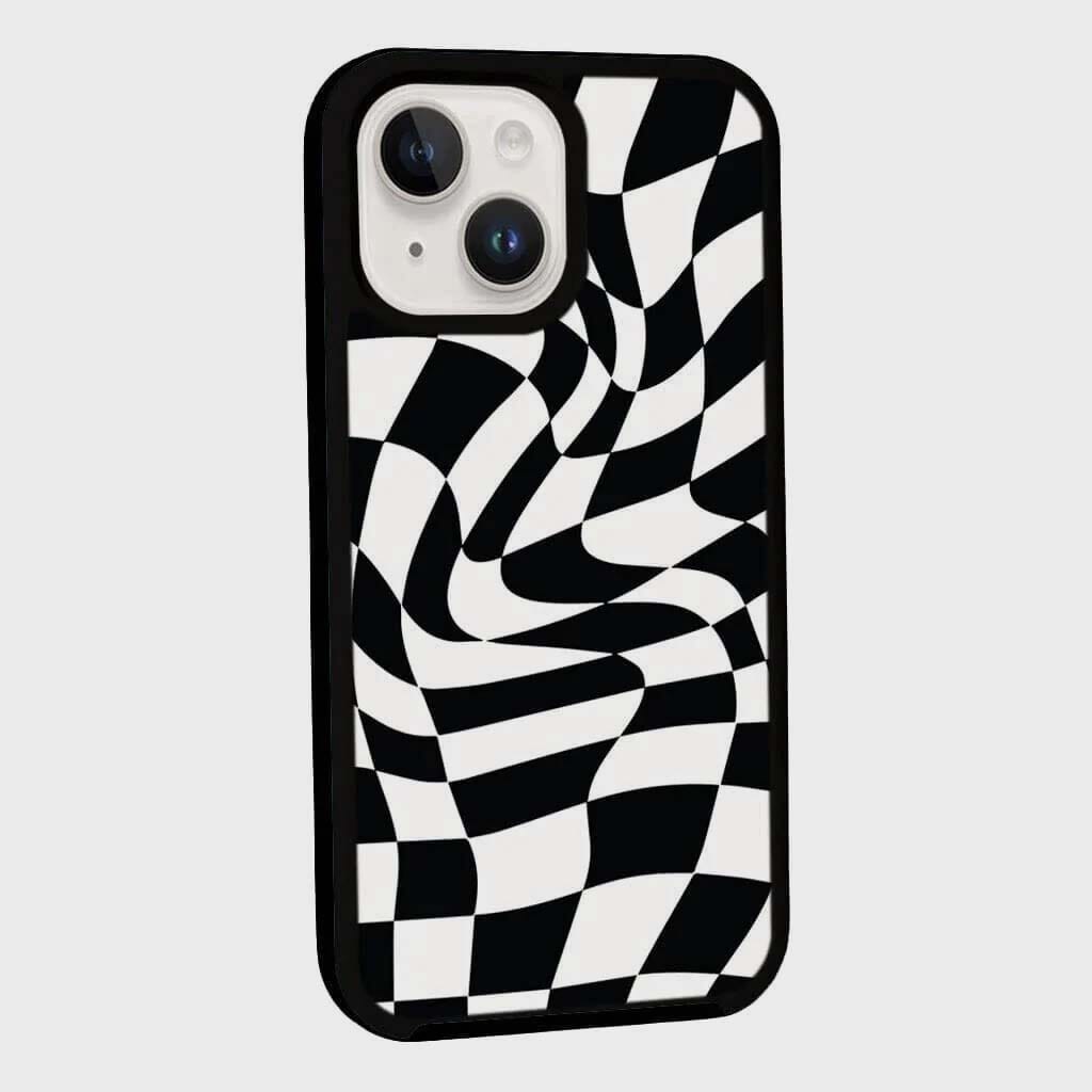 MagSafe iPhone 14 Plus Black Swirl Checkerboard Print Case