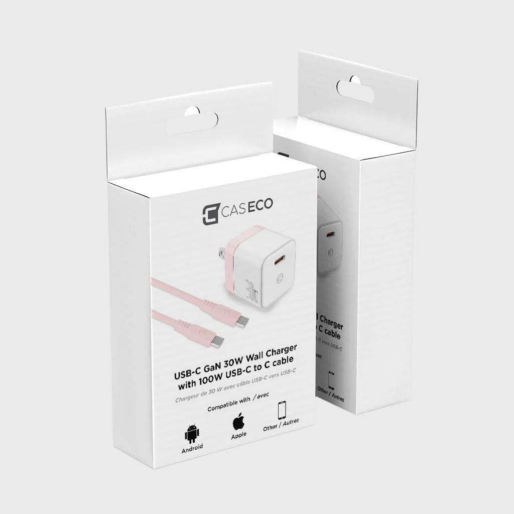 GaN 30W Wall Charger with 100W Type C to Type C Cable - Pastel Pink