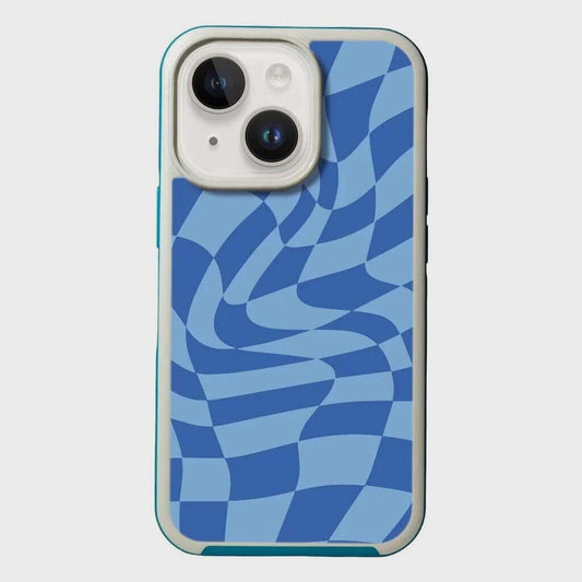 MagSafe iPhone 14 Plus Blue Swirl Checkerboard Print Case