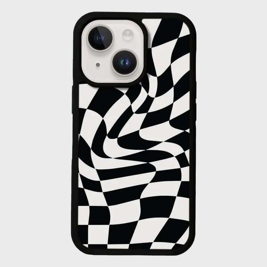 MagSafe iPhone 14 Plus Black Swirl Checkerboard Print Case