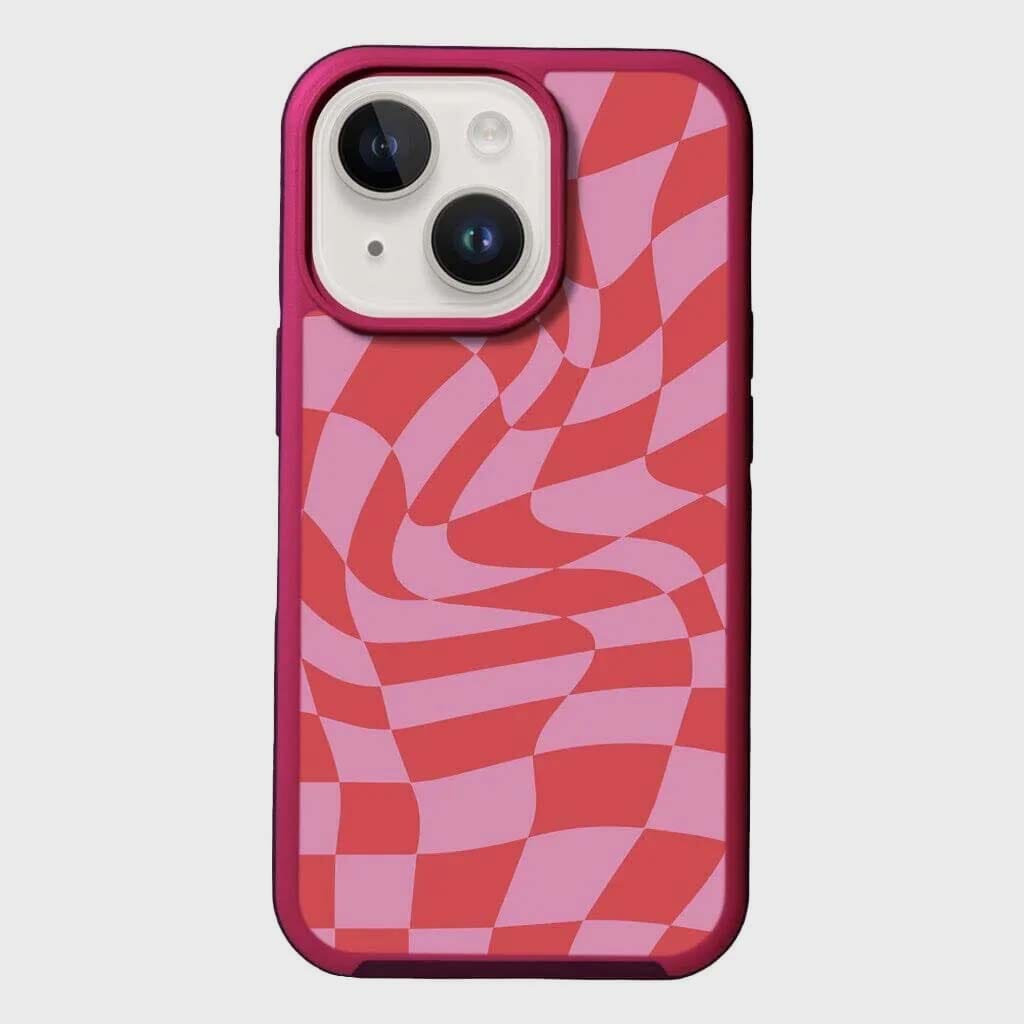 MagSafe iPhone 14 Plus Pink Swirl Checkerboard Print Case