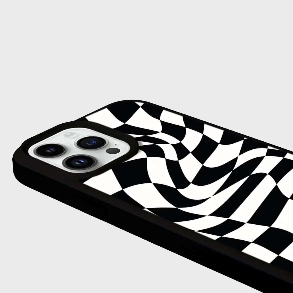 MagSafe iPhone 14 Pro Black Swirl Checkerboard Print Case