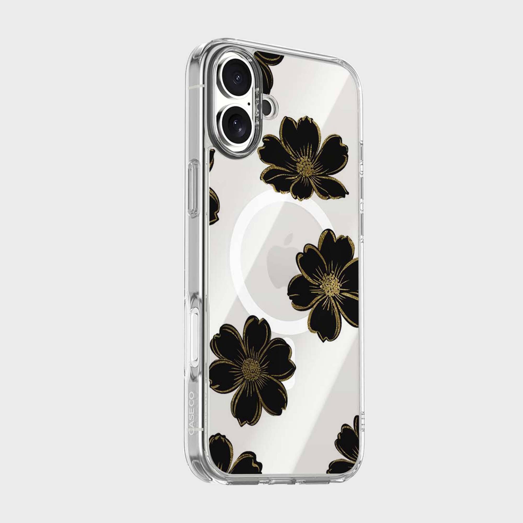 MagSafe iPhone 16 Black Flower Clear Case