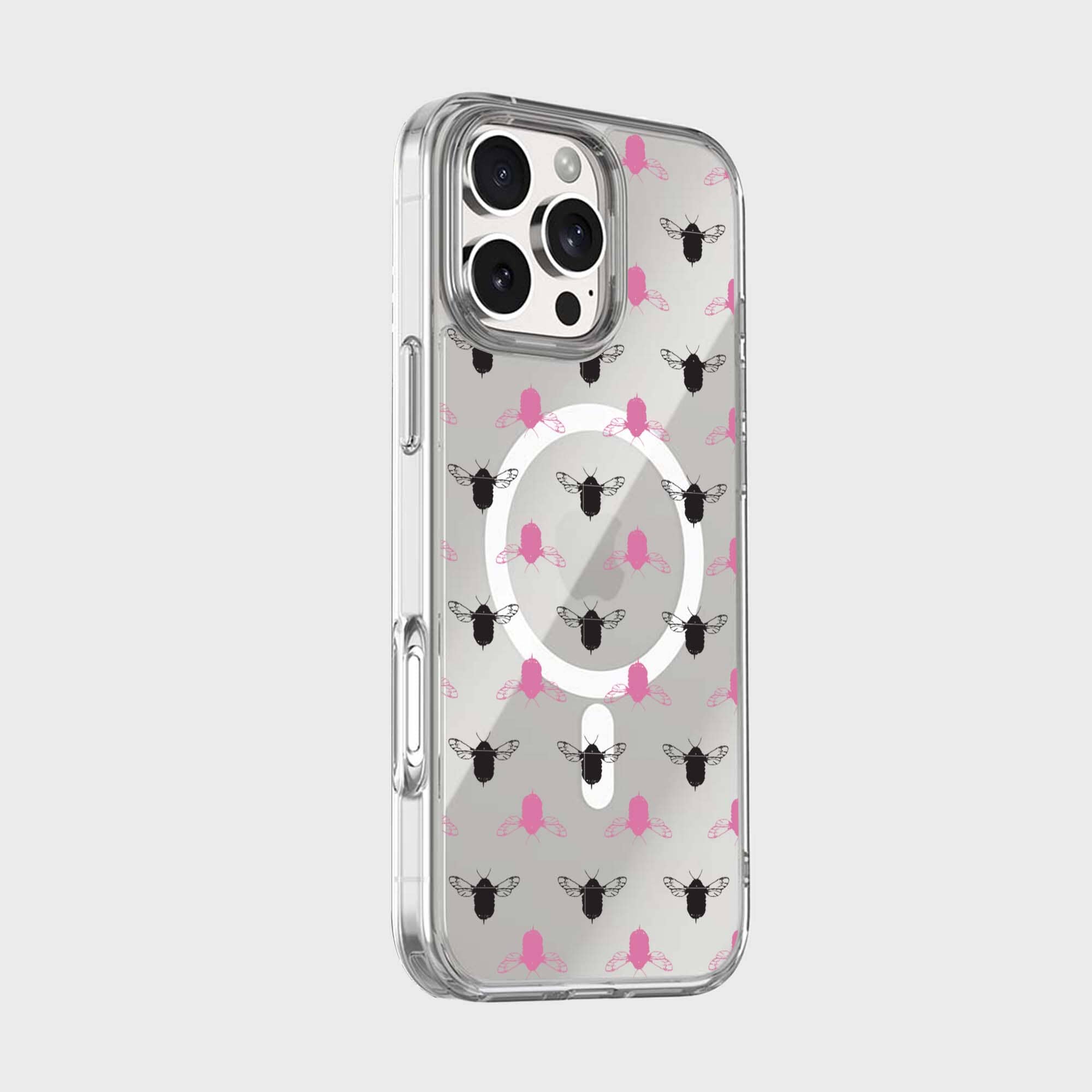 iPhone 16 Pro Clear Case - Black and Pink Bumble Design