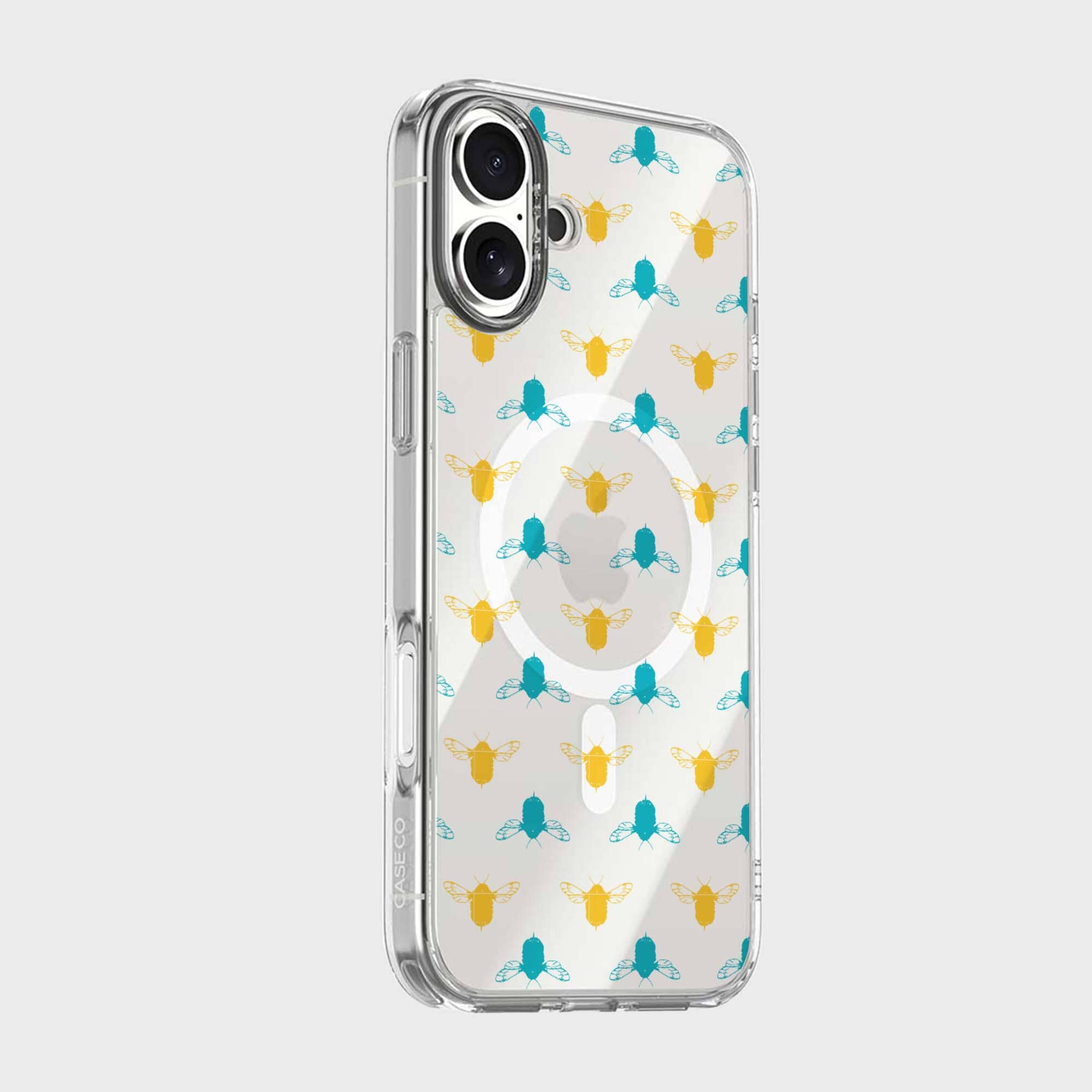 iPhone 16 Clear Case - Blue and Yellow Bumble Design
