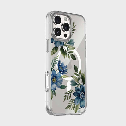 MagSafe iPhone 16 Pro Blue Floral Clear Case