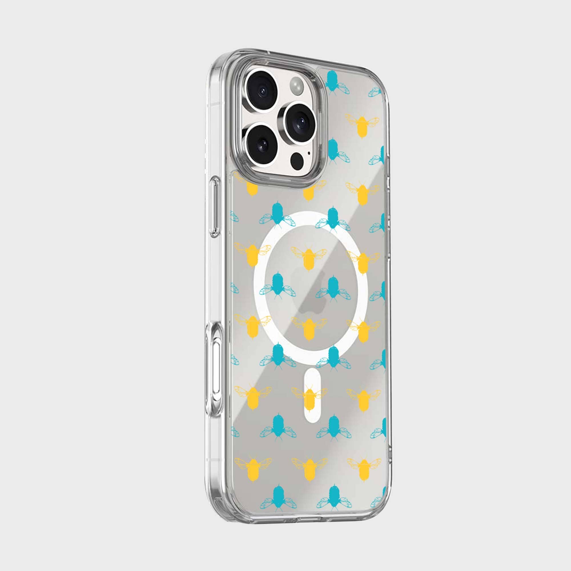 iPhone 16 Pro Clear Case - Blue and Yellow Bumble Design