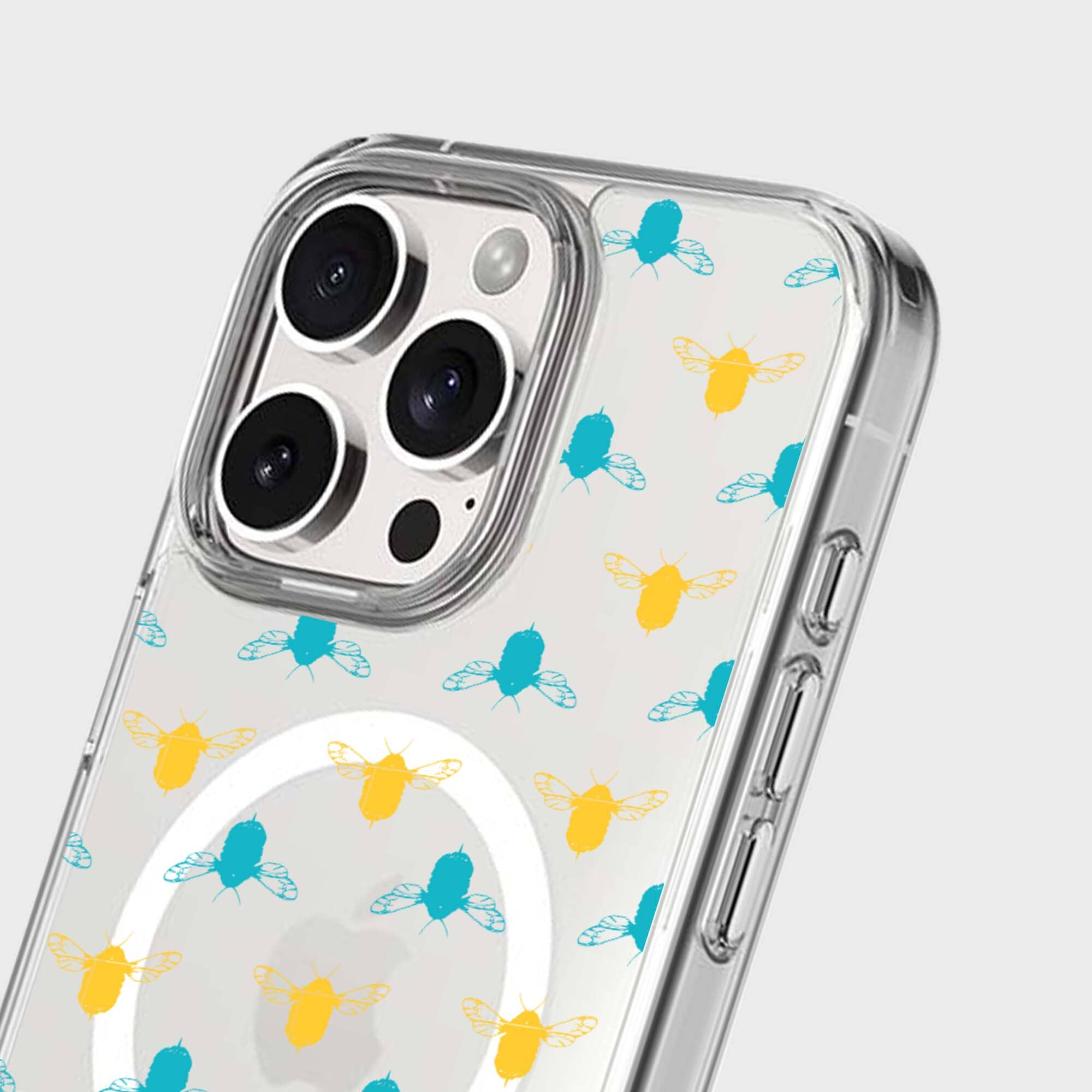 iPhone 16 Pro Clear Case - Blue and Yellow Bumble Design