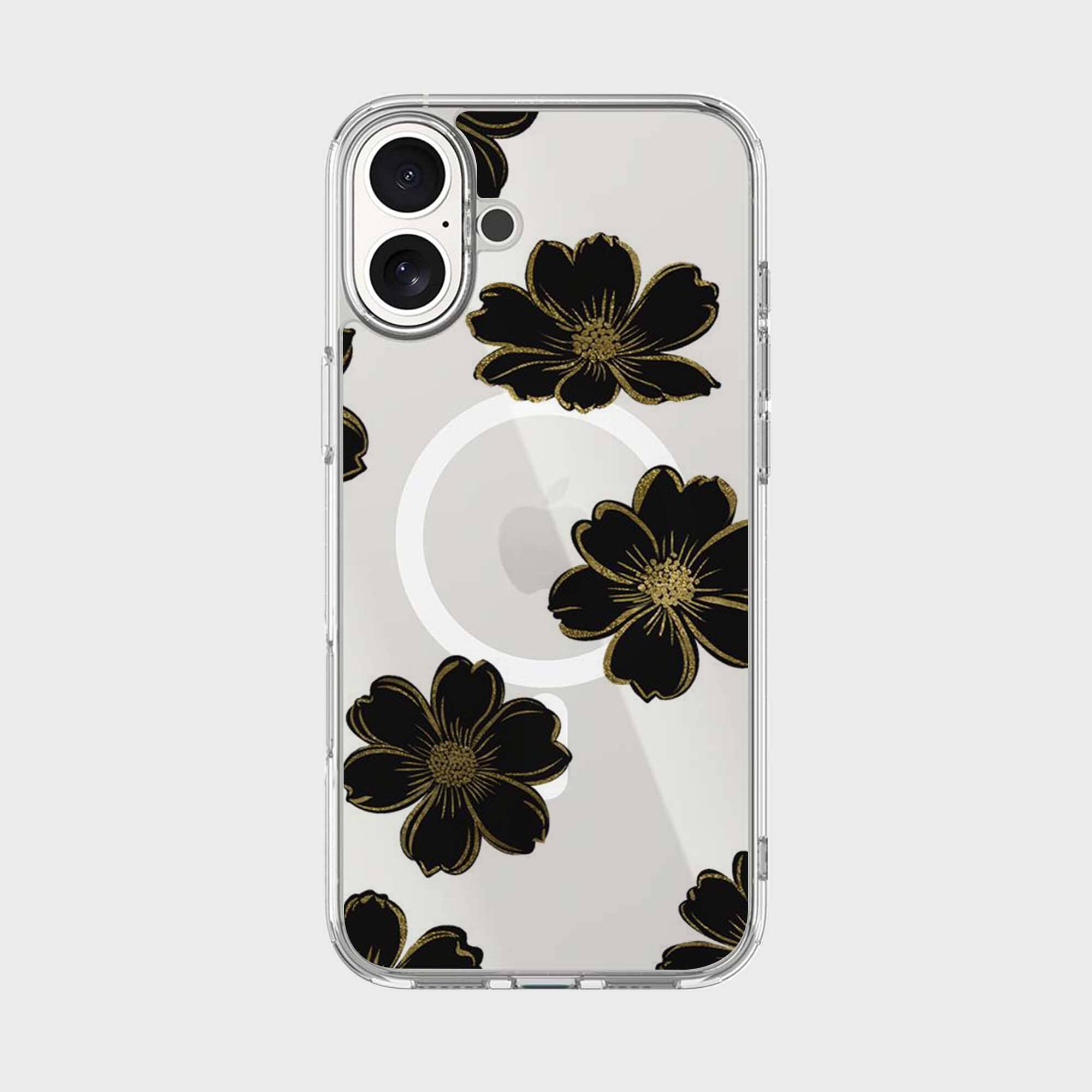 MagSafe iPhone 16 Black Flower Clear Case