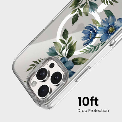 MagSafe iPhone 16 Pro Max Blue Floral Clear Case