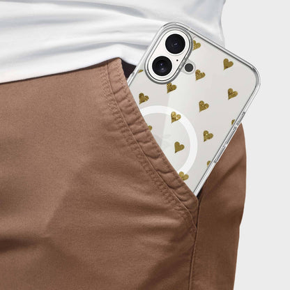 MagSafe iPhone 16 Gold Hearts Clear Case