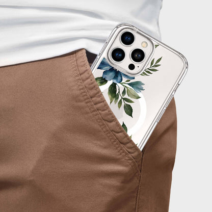 MagSafe iPhone 16 Pro Blue Floral Clear Case