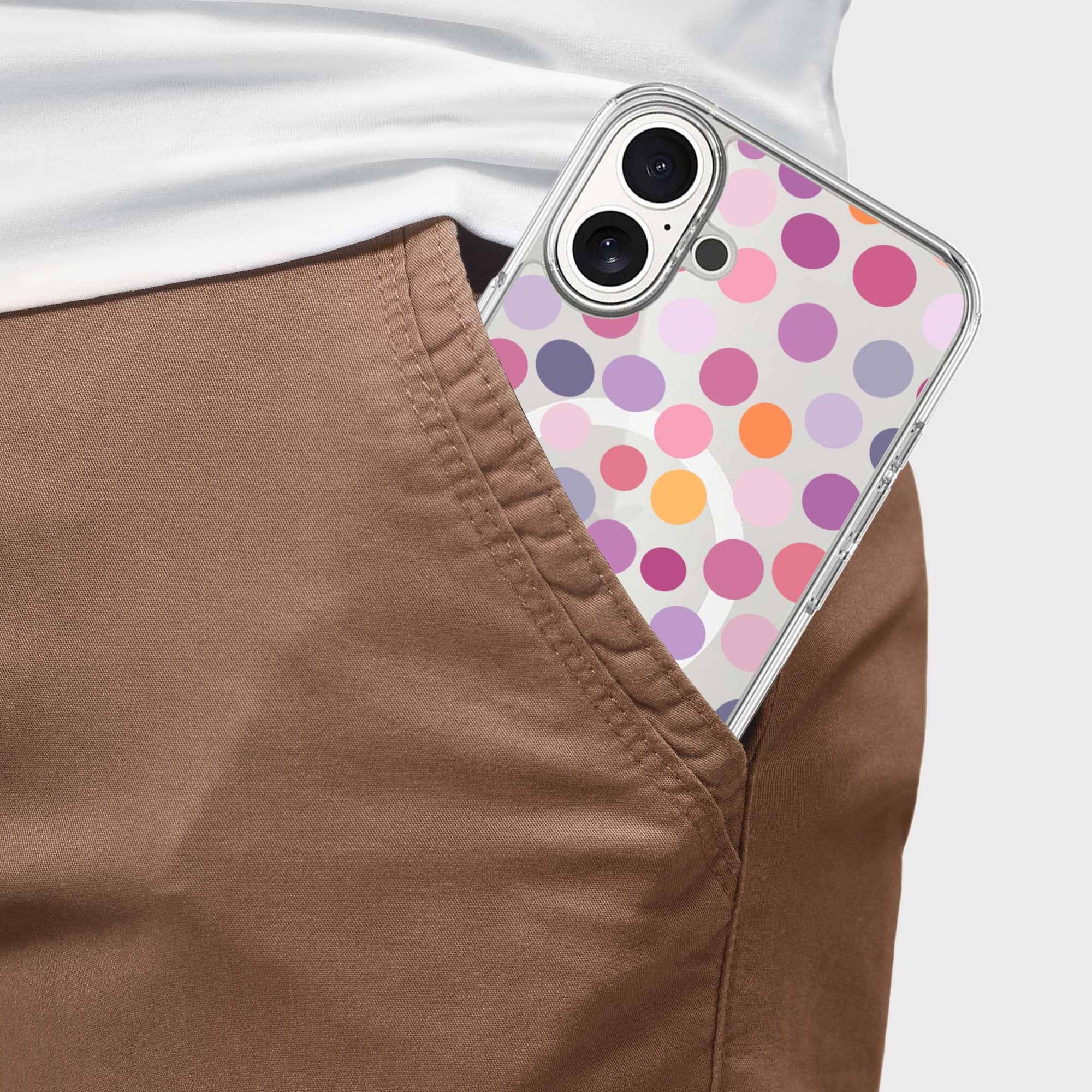 MagSafe iPhone 16 Purple Polka Dots Clear Case