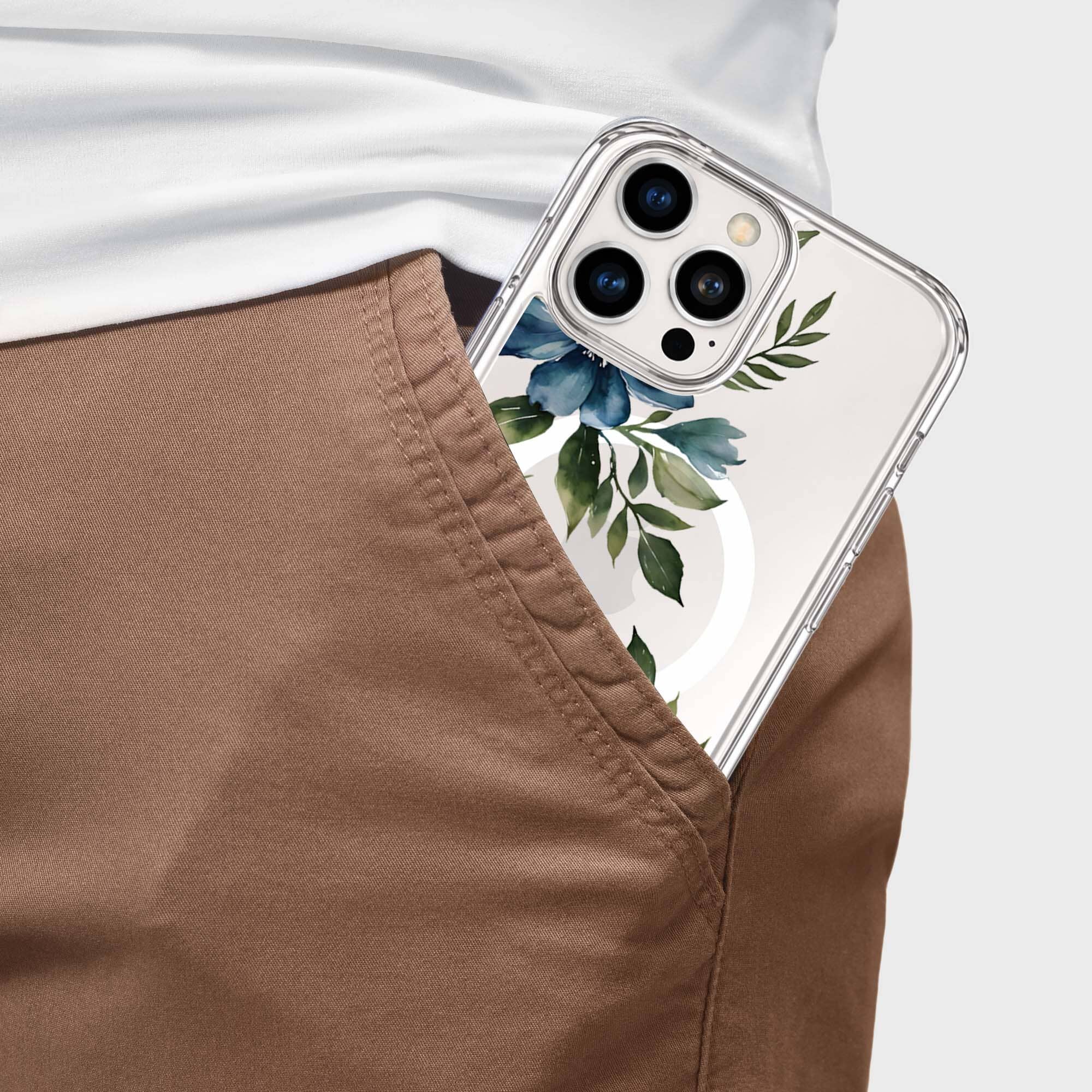 MagSafe iPhone 16 Pro Max Blue Floral Clear Case