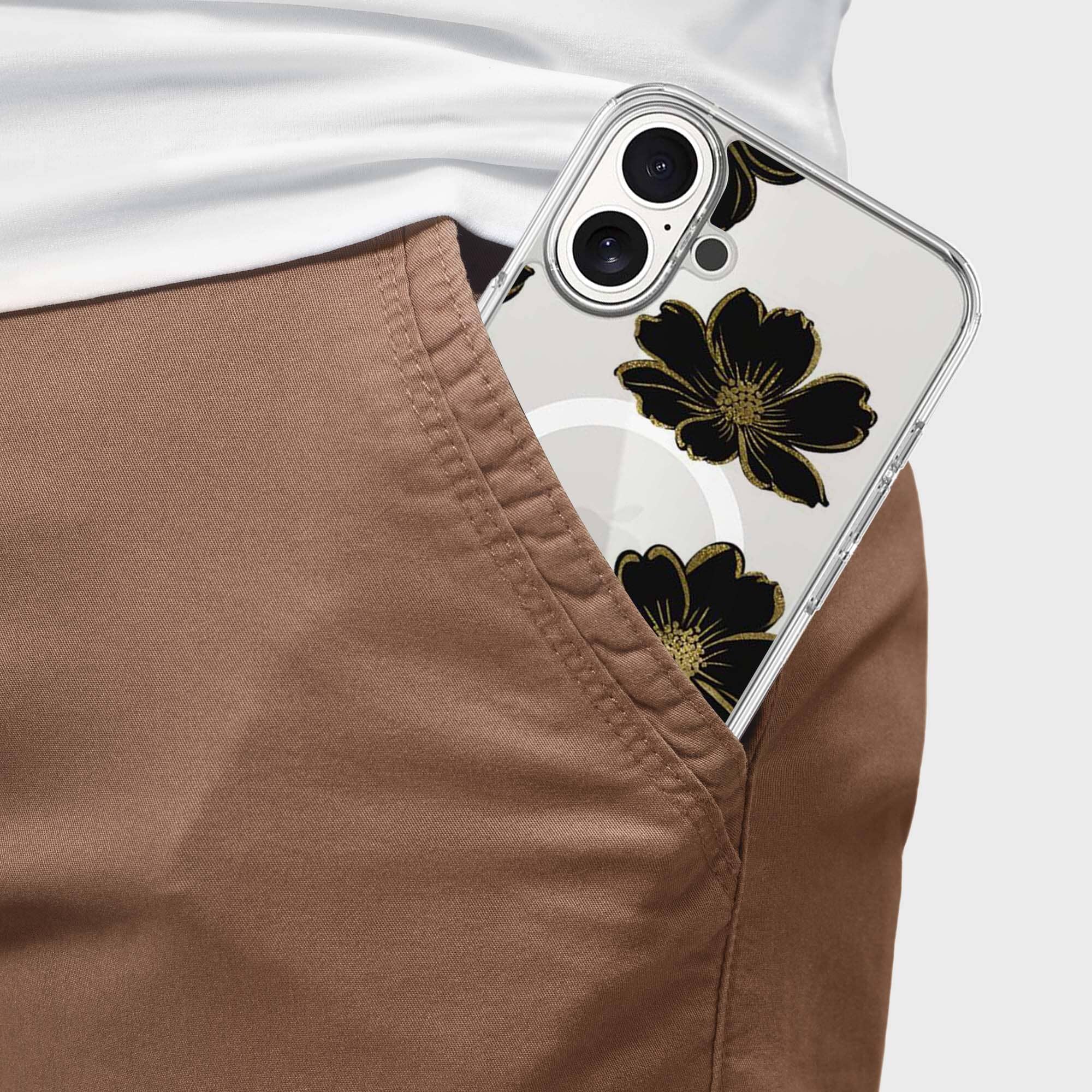MagSafe iPhone 16 Black Flower Clear Case