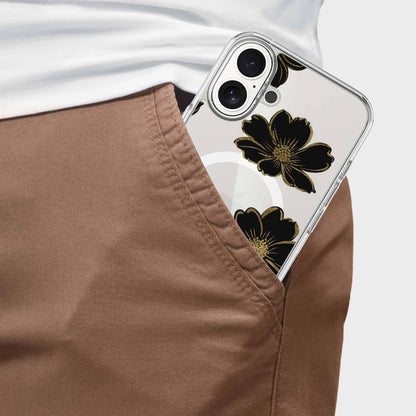 MagSafe iPhone 16 Black Flower Clear Case