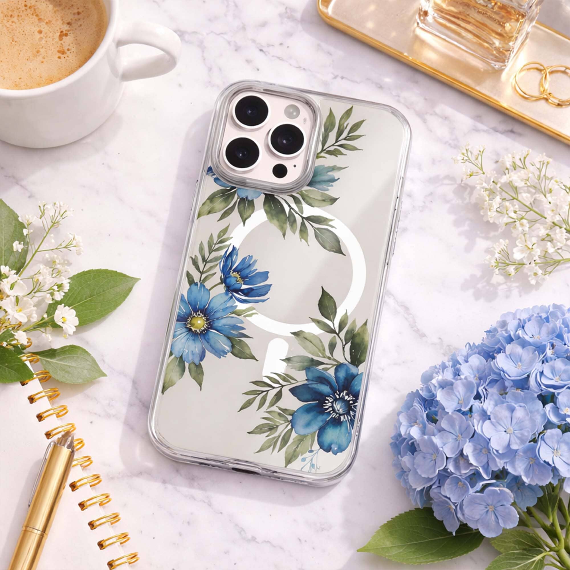 MagSafe iPhone 16 Pro Max Blue Floral Clear Case