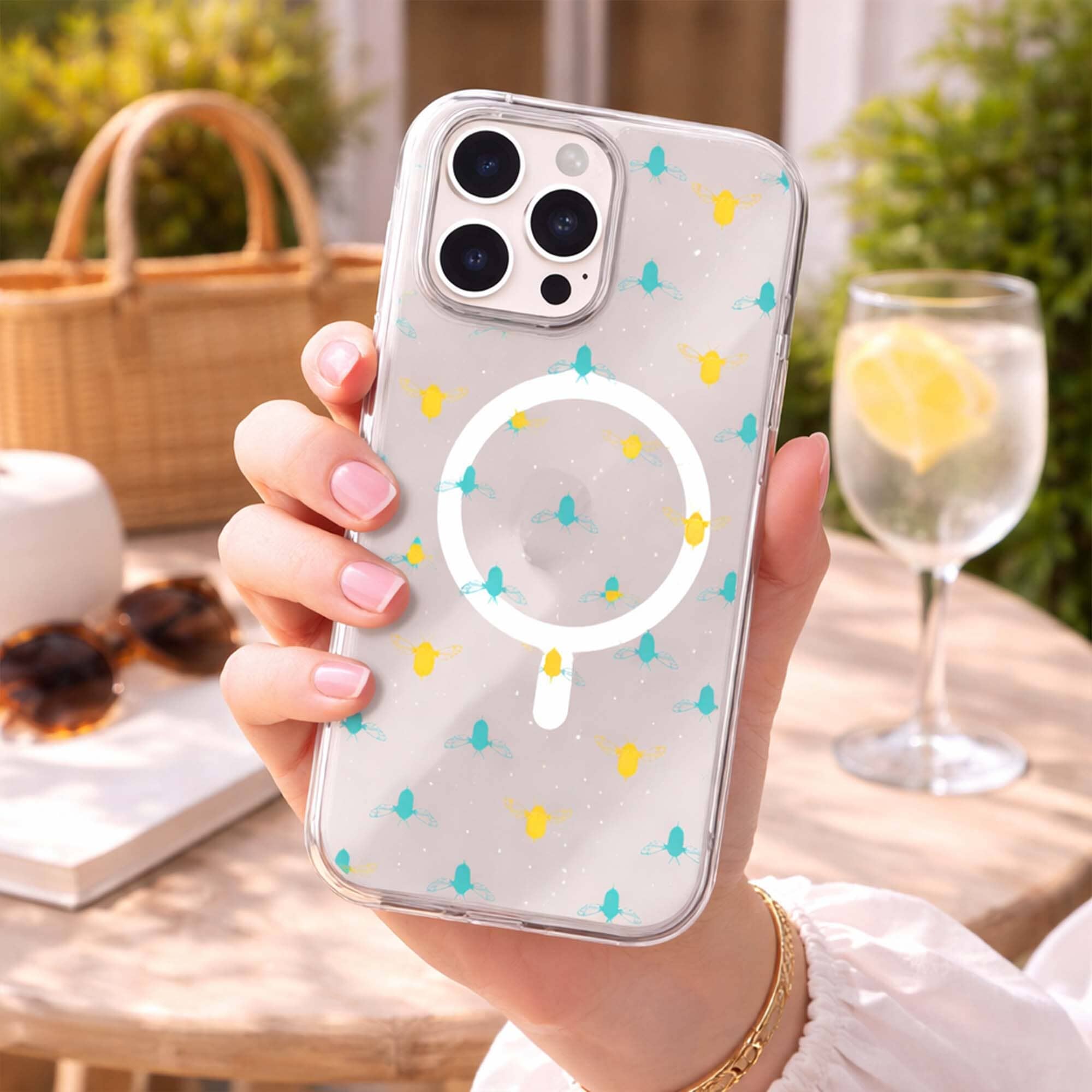 iPhone 16 Pro Clear Case - Blue and Yellow Bumble Design