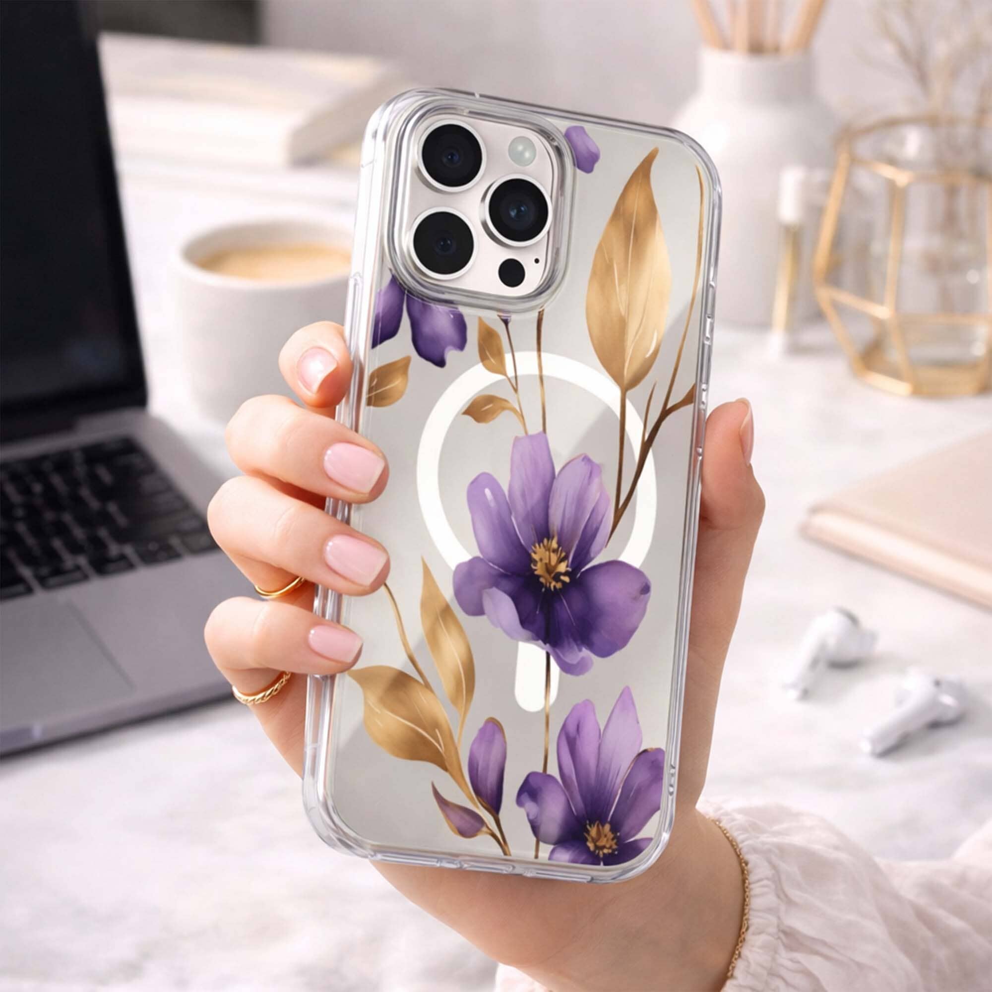 MagSafe iPhone 16 Pro Purple Wildflower Clear Case