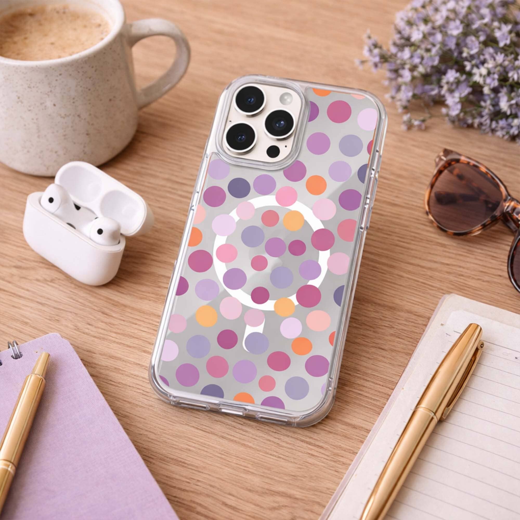 MagSafe iPhone 16 Pro Max Purple Polka Dots Clear Case