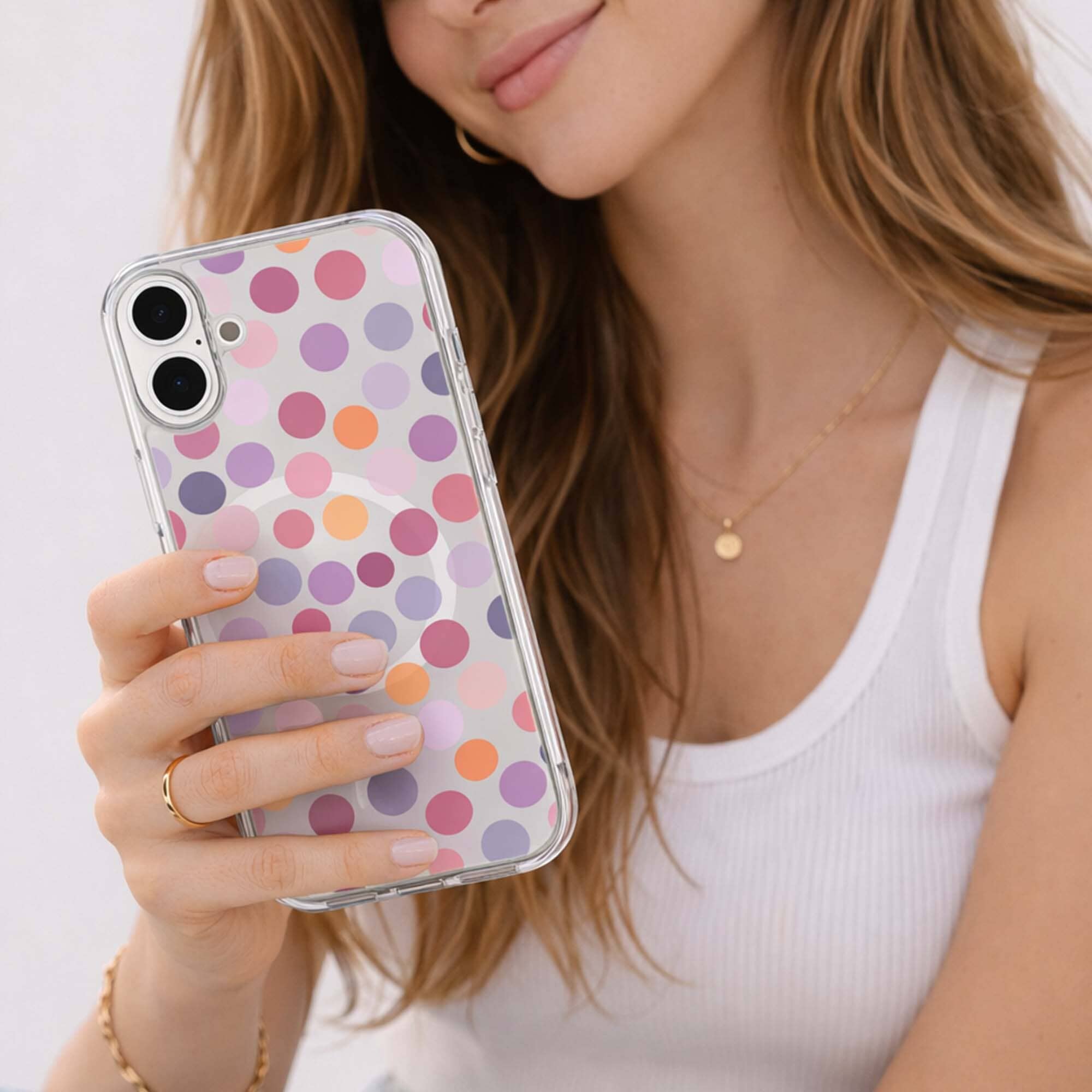 MagSafe iPhone 16 Purple Polka Dots Clear Case