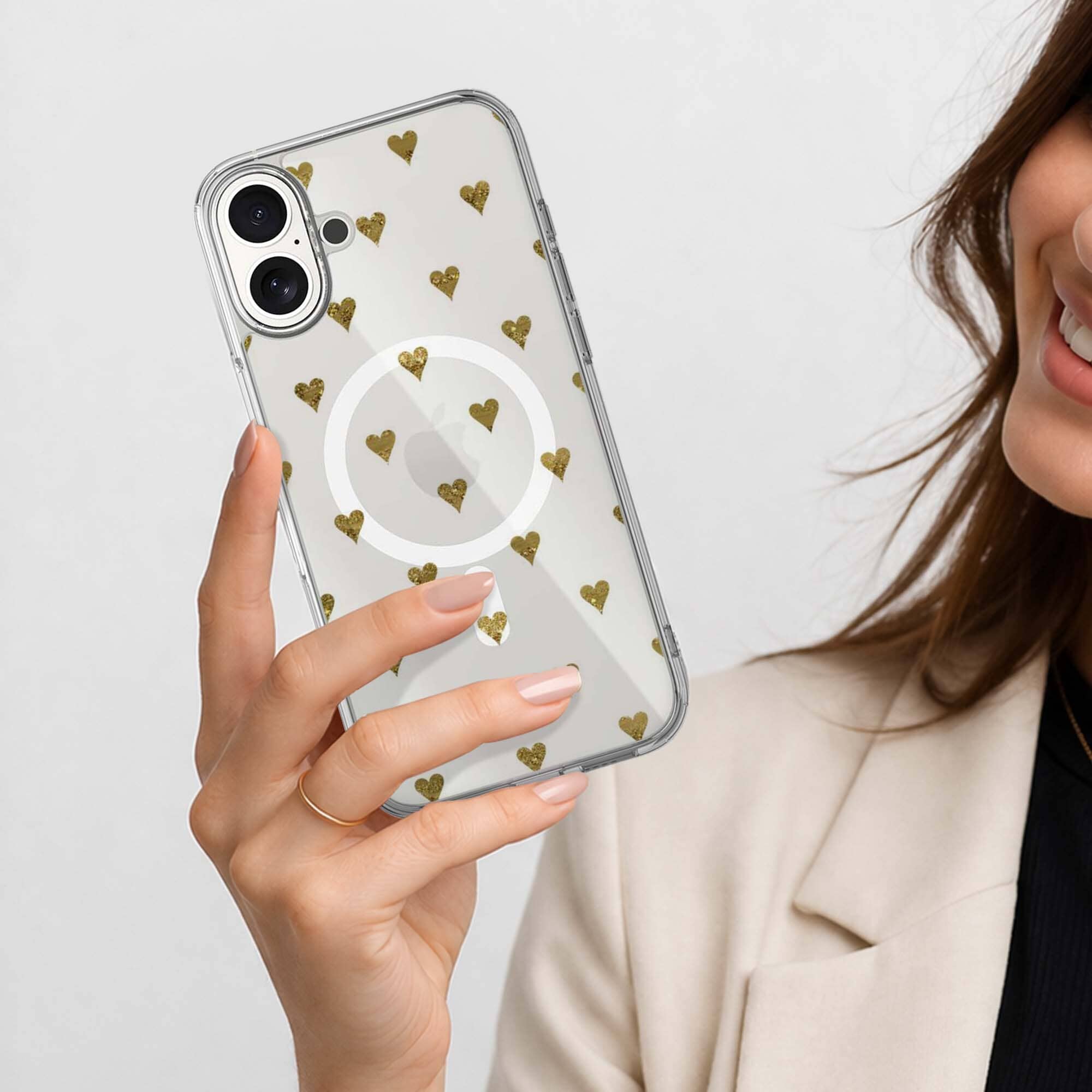 MagSafe iPhone 16 Gold Hearts Clear Case