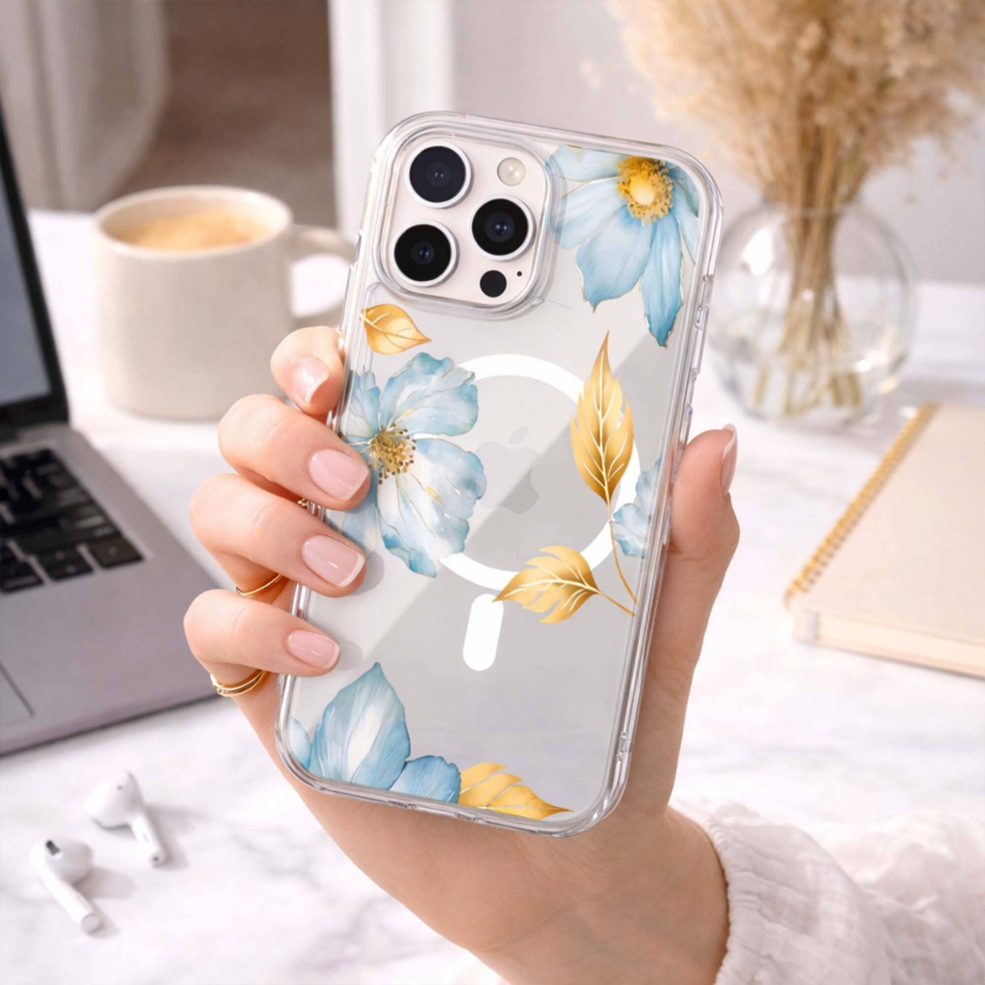 MagSafe iPhone 16 Pro Blue Wildflower Clear Case