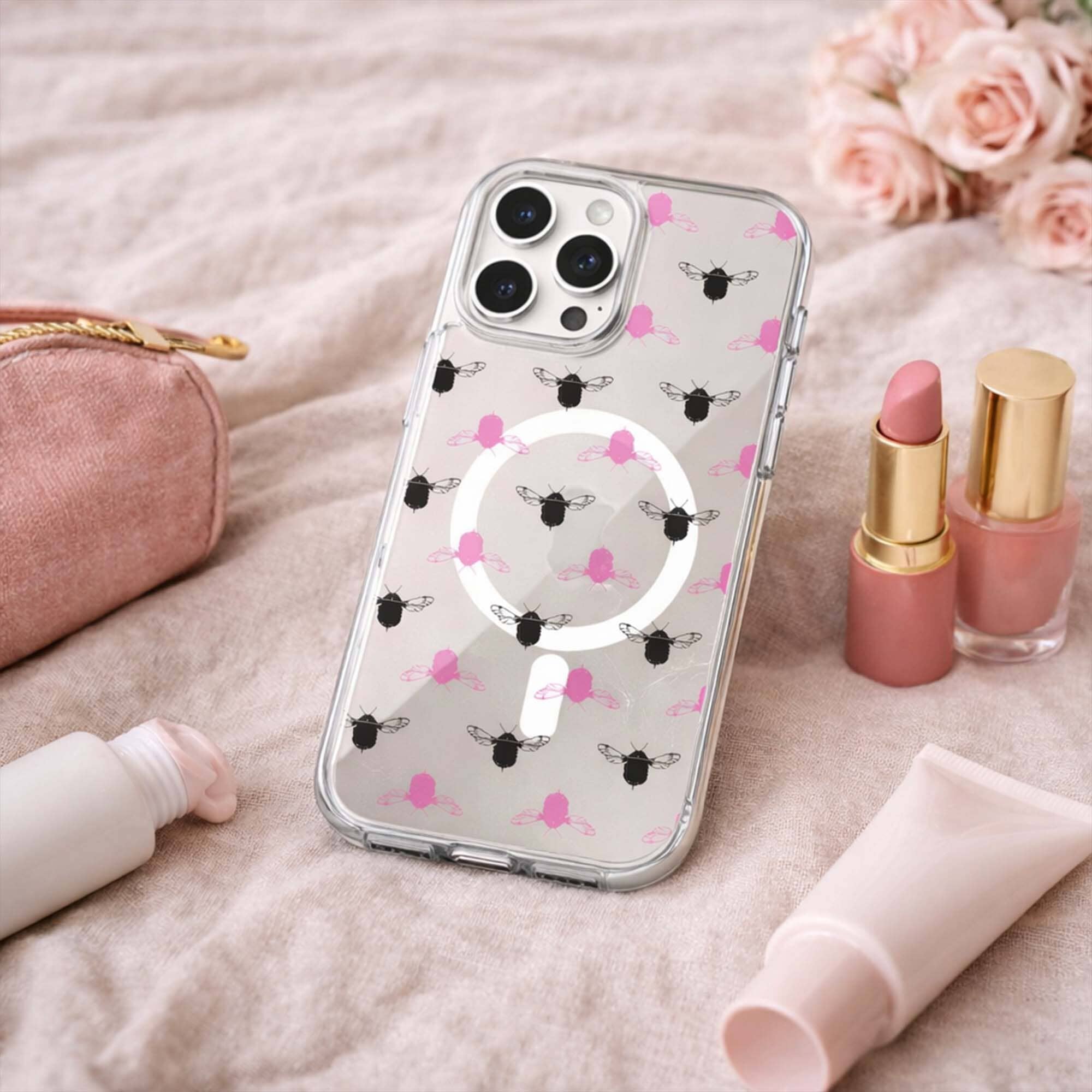 iPhone 16 Pro Max Clear Case - Black and Pink Bumble Design