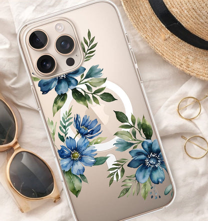 MagSafe iPhone 16 Pro Max Blue Floral Clear Case