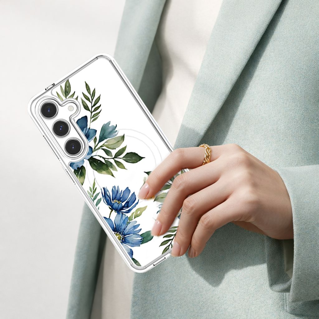 Samsung Galaxy S25 Blue Floral Clear Case