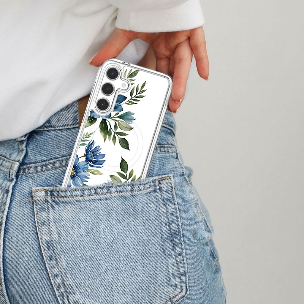 Samsung Galaxy S25 Blue Floral Clear Case