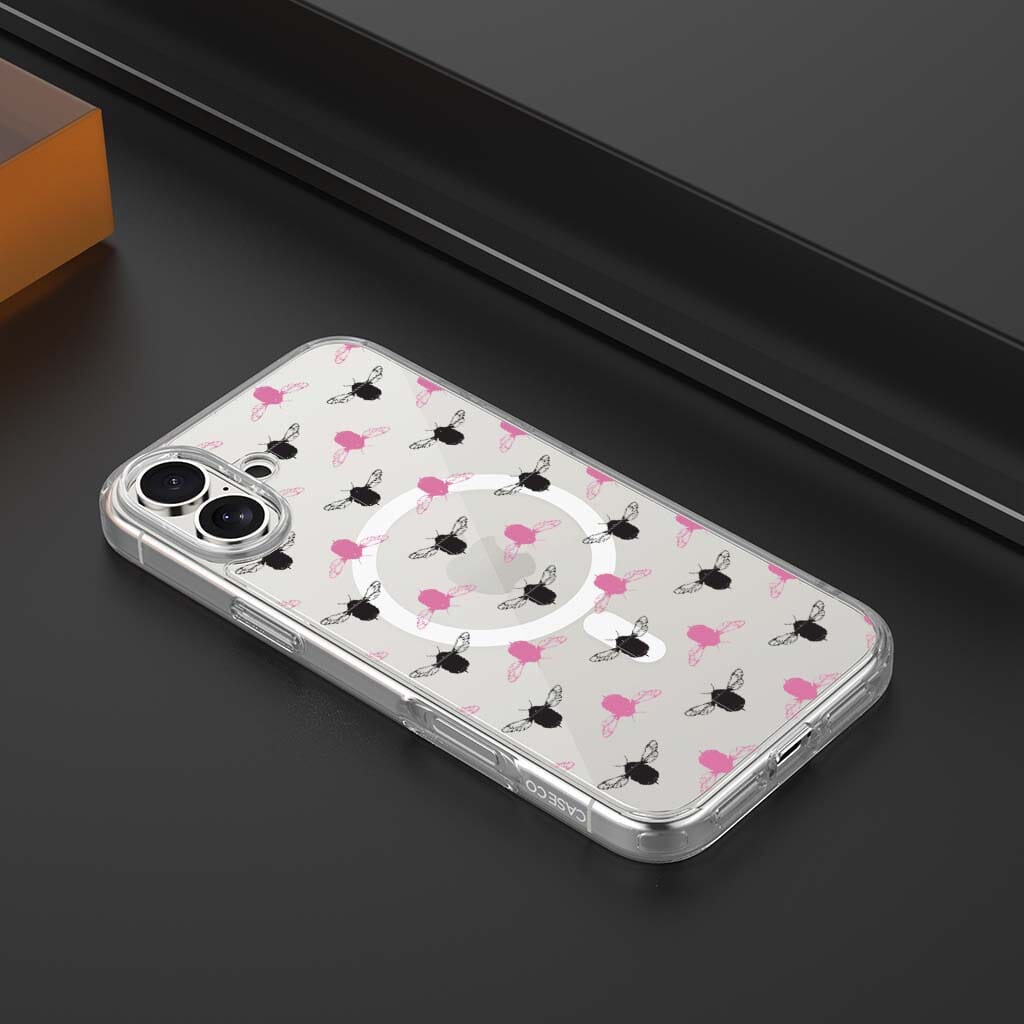 iPhone 16 Clear Case - Black and Pink Bumble Design