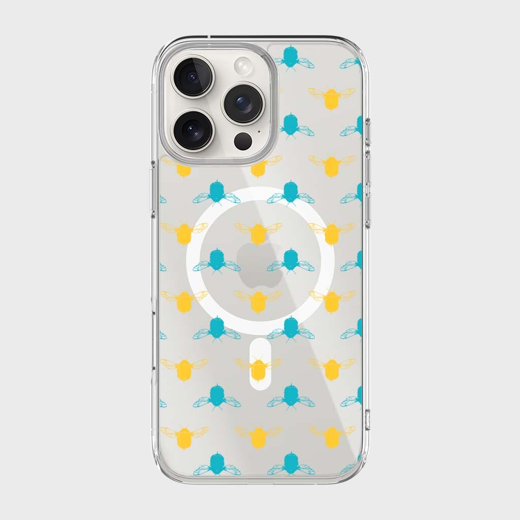 iPhone 16 Pro Max Clear Case - Blue and Yellow Bumble Design