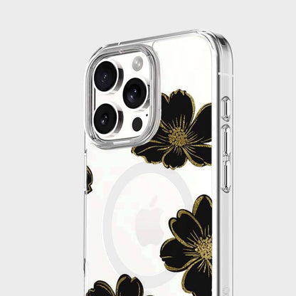 MagSafe iPhone 16 Pro Black Flower Clear Case