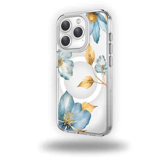 MagSafe iPhone 15 Pro Blue Wildflower Clear Case
