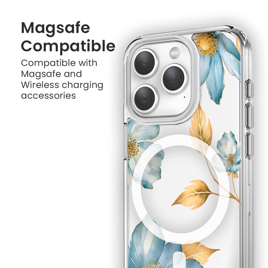 MagSafe iPhone 15 Pro Max Blue Wildflower Clear Case