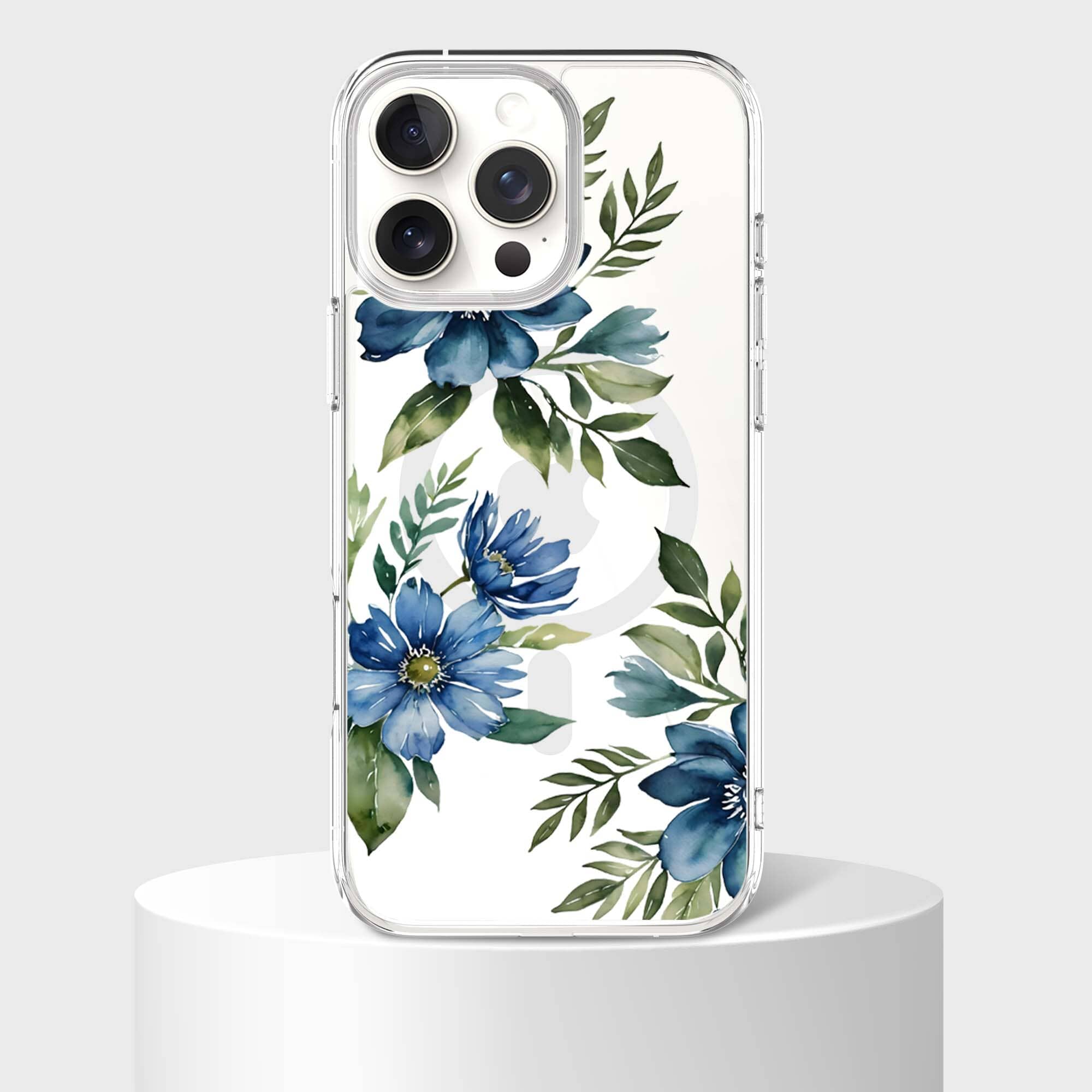 MagSafe iPhone 16 Pro Blue Floral Clear Case