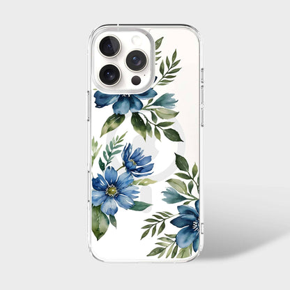 MagSafe iPhone 16 Pro Blue Floral Clear Case