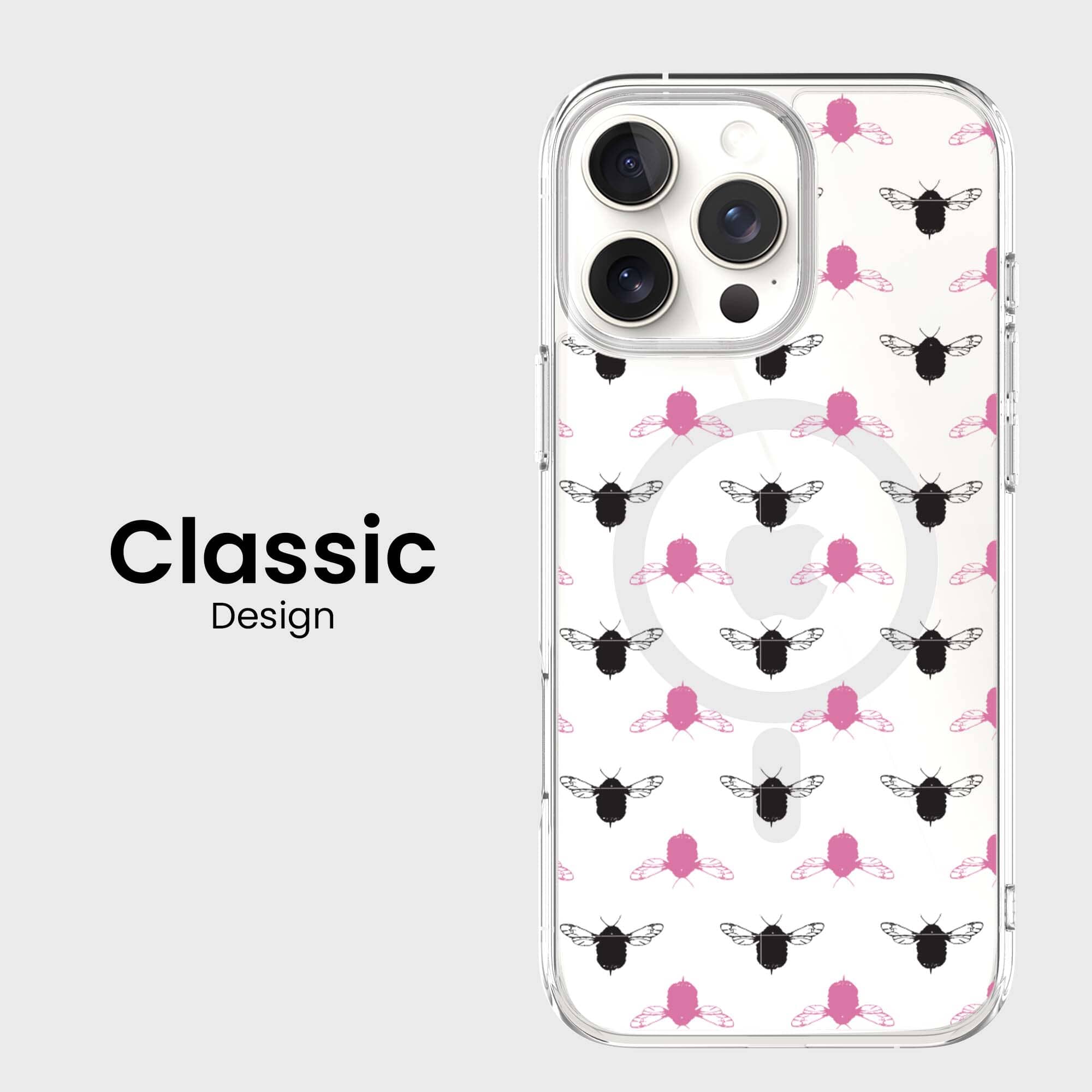 iPhone 16 Pro Clear Case - Black and Pink Bumble Design